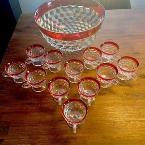 Vintage Indiana Glass Diamond Point Design with Cranberry Flash Punch Set